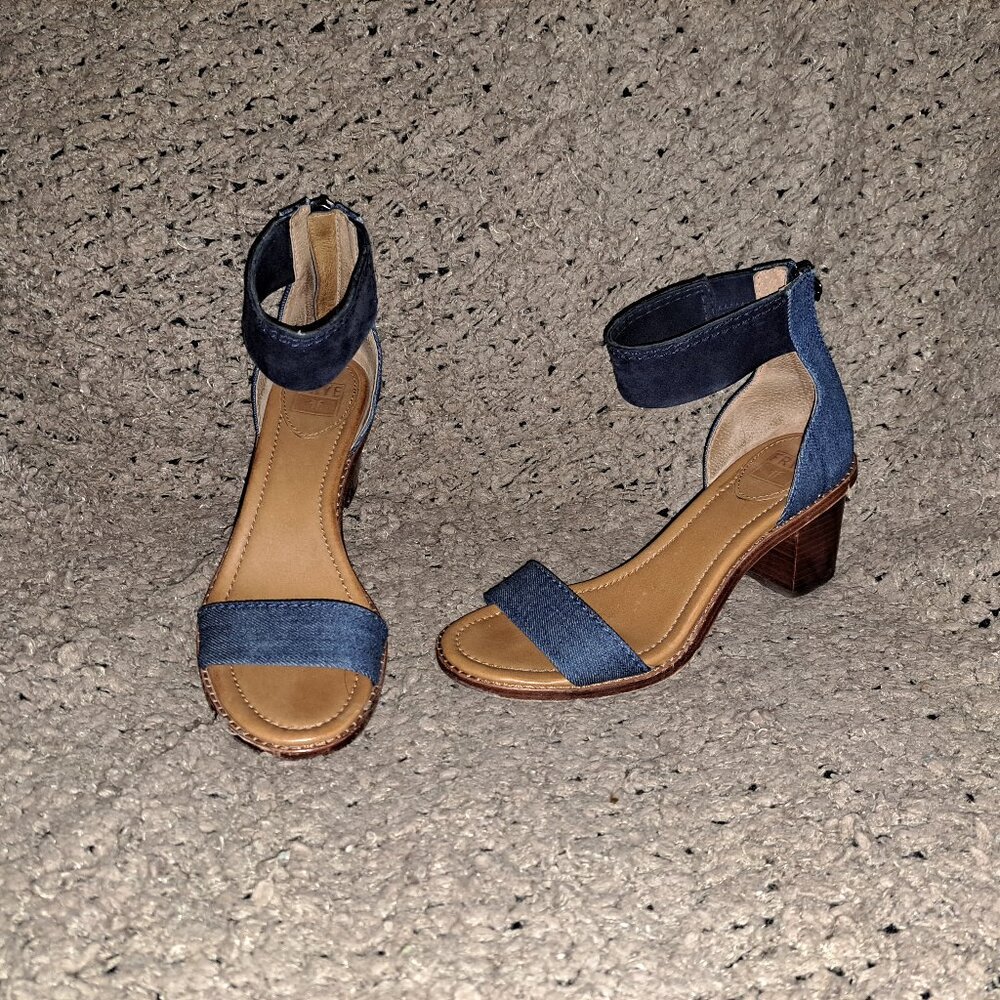 FRYE-Brielle-Denim-Back Zip-Suede Ankle Strap-Block Heel-Sz 6.5-Excellent